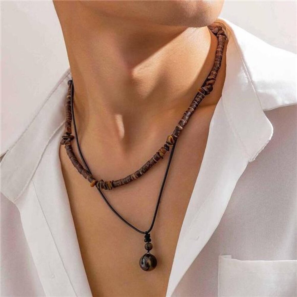 Layered Boho Necklaces For Men Stackable Wooden B… - image 2